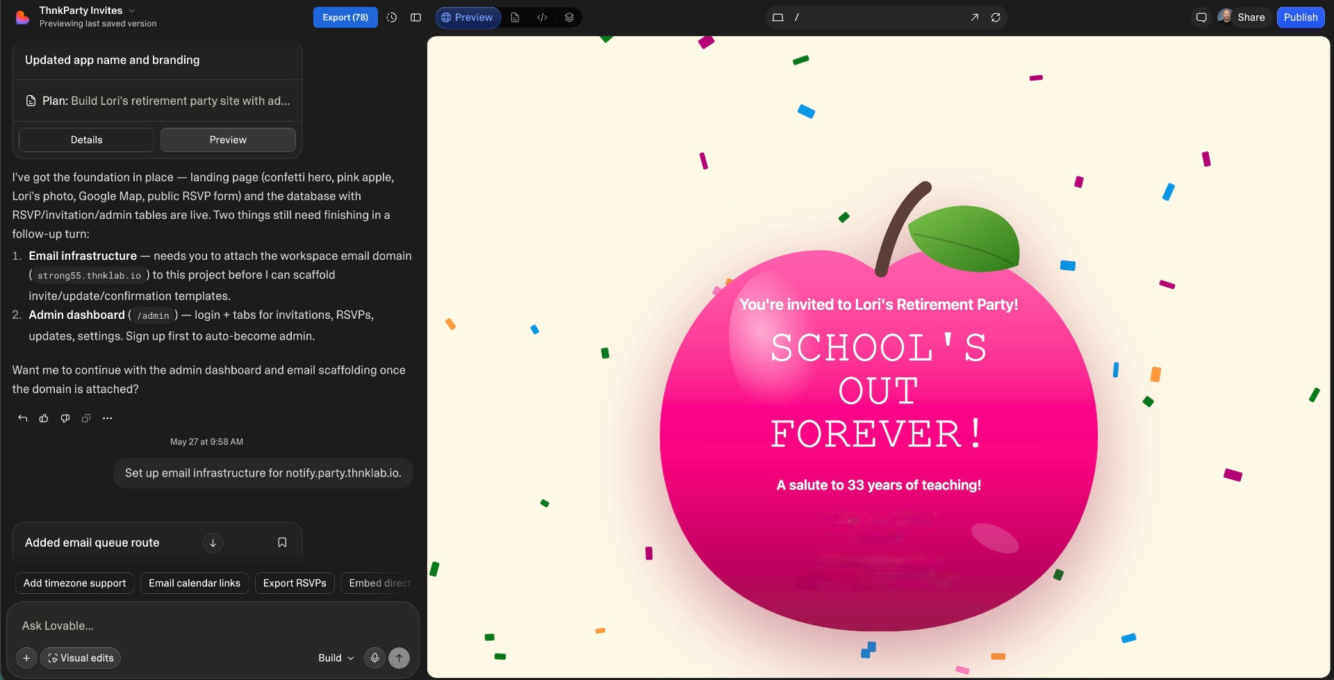 Lovable preview of the ThnkParty Invites build
